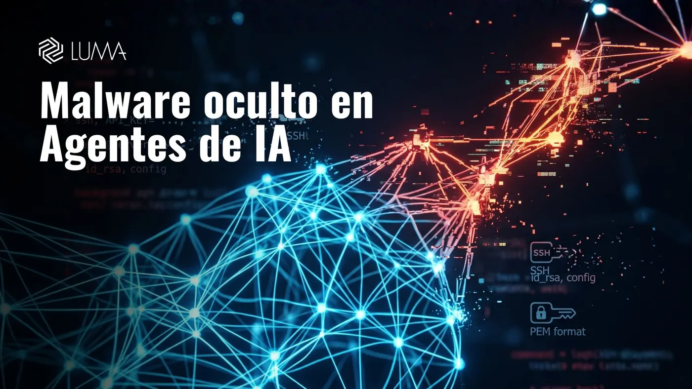 Ilustración conceptual en 3D de una red neuronal de Inteligencia Artificial sufriendo una brecha de seguridad por envene