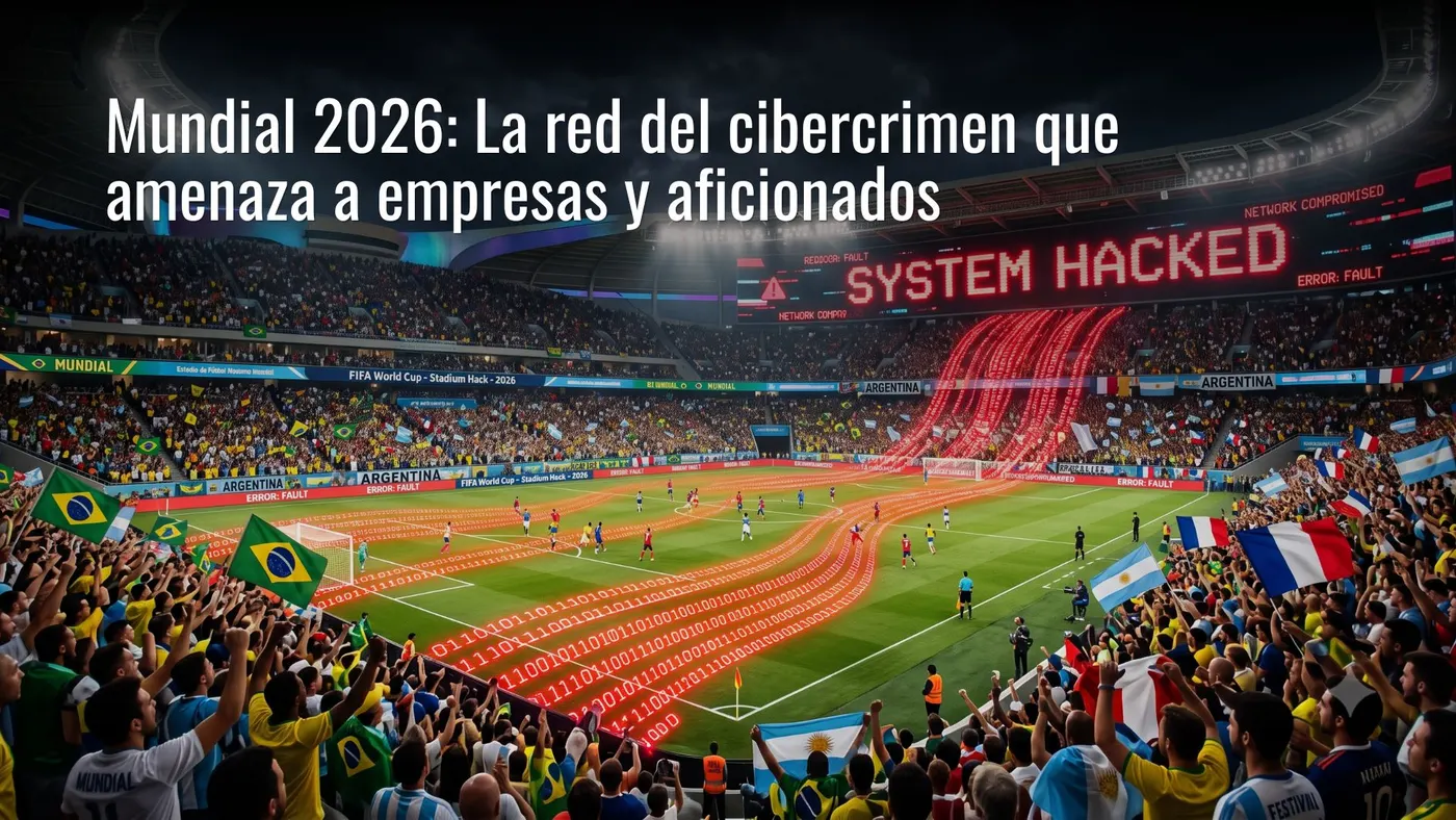Estadio de fútbol del Mundial iluminado de noche con un gráfico digital superpuesto de códigos binarios y alertas de seg