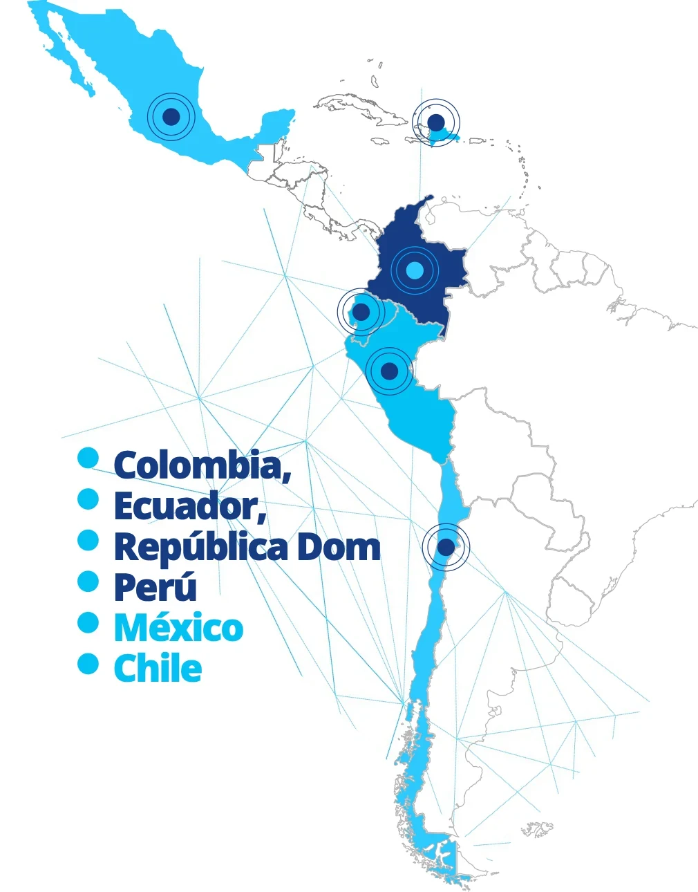 Mapa de experiencia regional de LumaCloud en Colombia, Ecuador, República Dominicana, Perú, México y Chile