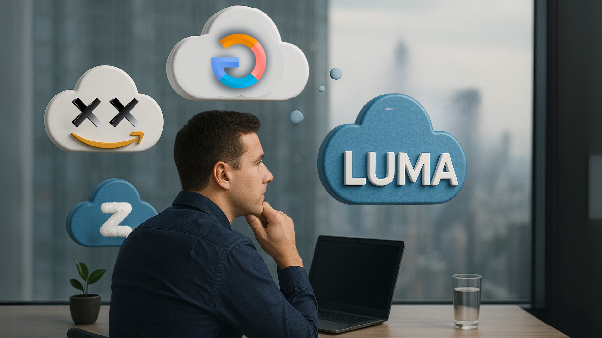 Hombre pensativo rodeado de logotipos de nubes como AWS, Google Cloud, Azure y Luma Cloud, simbolizando la toma de decisiones sobre plataformas cloud.