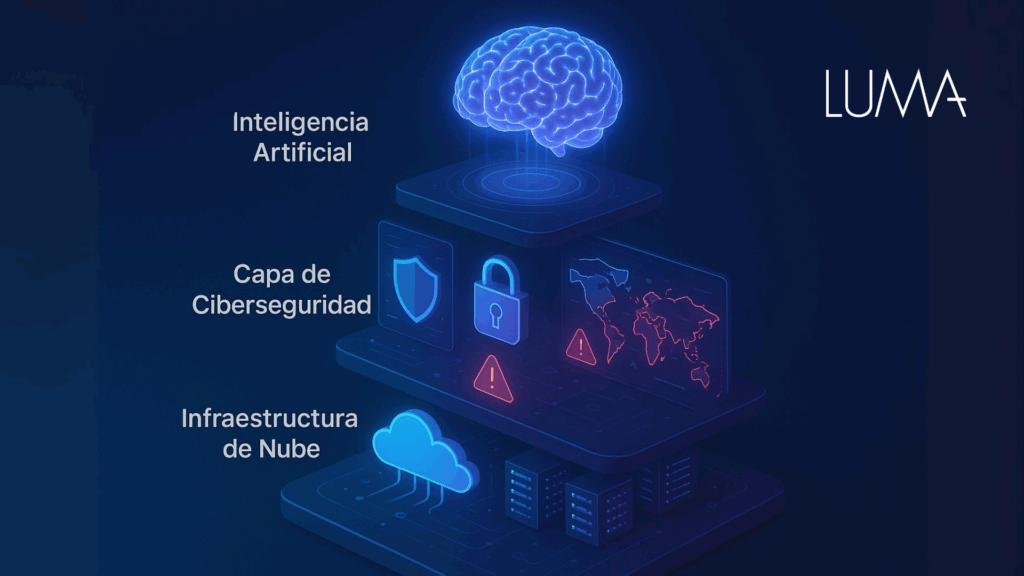 Ciudad digital futurista que representa la integración de ciberseguridad, cloud computing e inteligencia artificial en una infraestructura tecnológica moderna.