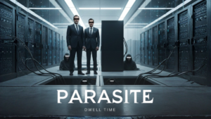 Póster estilo película Parásito en un centro de datos, con ejecutivos y hackers con los ojos censurados representando el Tiempo de permanencia (Dwell Time).