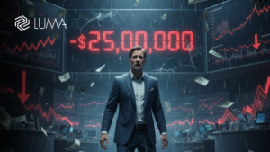 Ejecutivo en videollamada corporativa distorsionada ilustrando estafas con deepfakes y suplantación de identidad con IA.