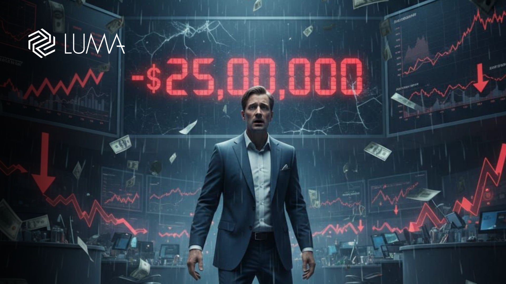 Ejecutivo en videollamada corporativa distorsionada ilustrando estafas con deepfakes y suplantación de identidad con IA.