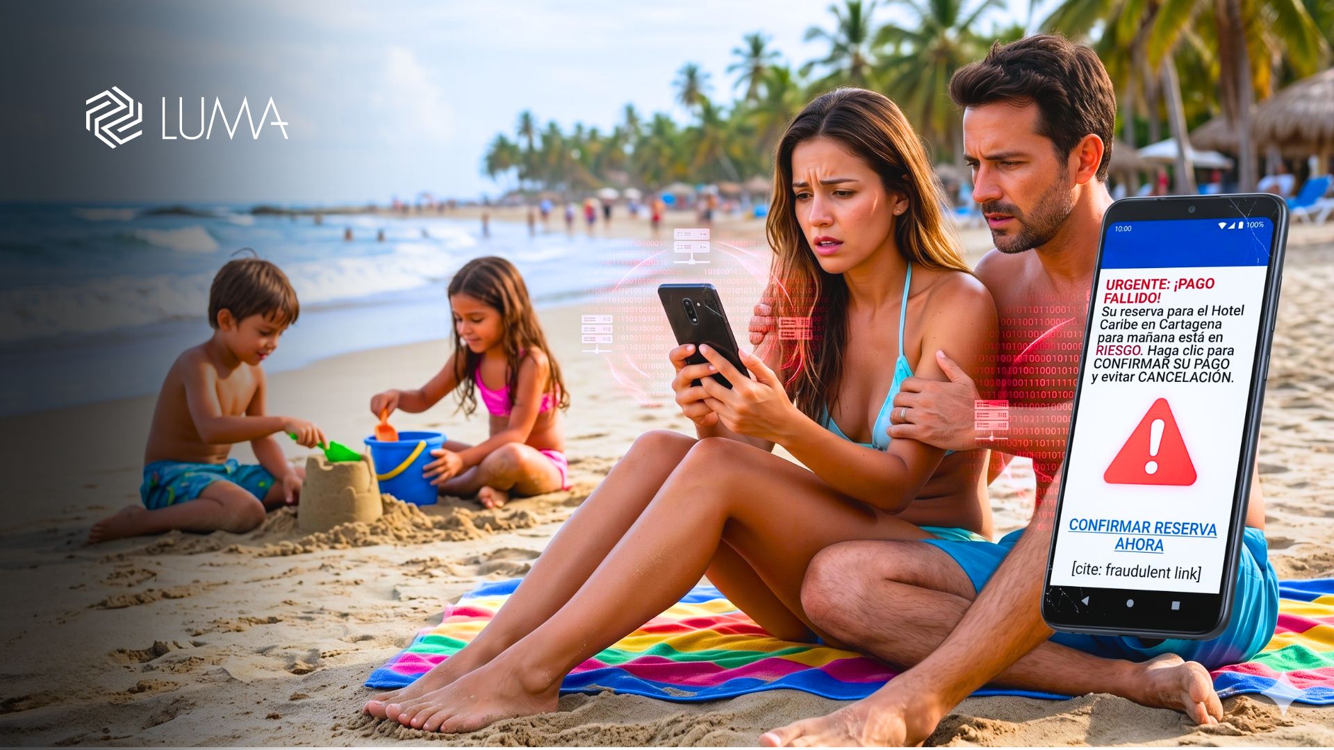 Fotografía hiperrealista 4K de una familia preocupada en la playa mientras miran un smartphone que muestra un mensaje de phishing falso de Booking.com sobre una reserva fallida, con efectos digitales rojos de ciberataque