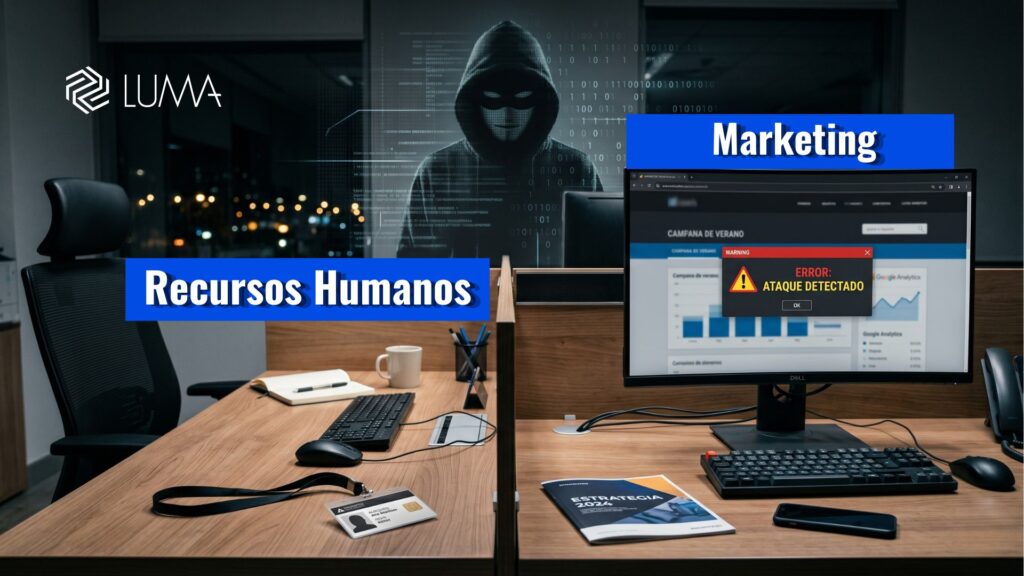 Concepto visual de ciberseguridad mostrando vulnerabilidades de identidad en oficinas corporativas y sitios web bajo ataque