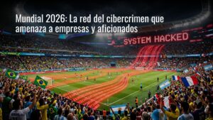 Estadio de fútbol del Mundial iluminado de noche con un gráfico digital superpuesto de códigos binarios y alertas de seguridad informática, representando los ciberataques de 2026.
