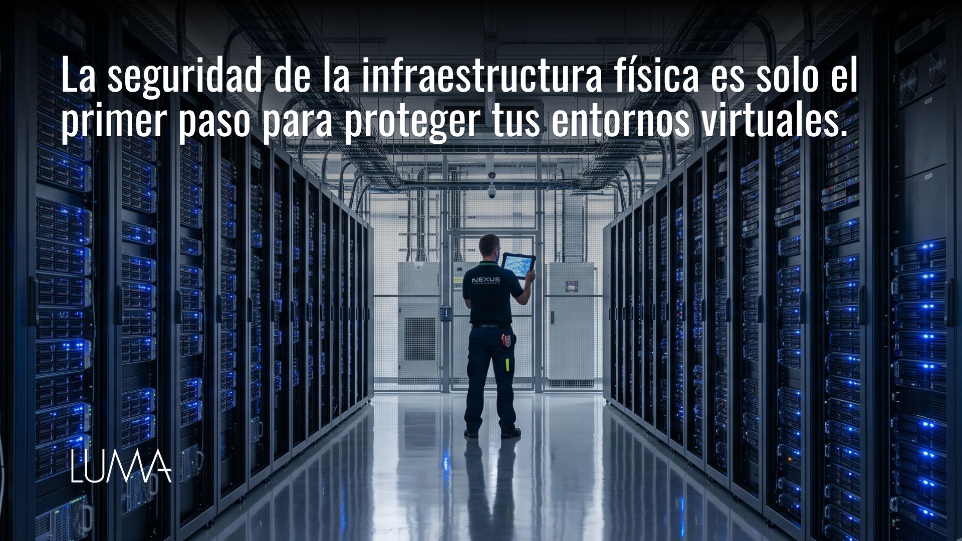 Ingeniero técnico supervisando racks de servidores físicos en un centro de datos moderno para garantizar la seguridad en la nube.