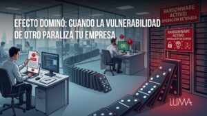Fichas de dominó cayendo hacia un servidor, representando cómo un ataque en cadena vulnera la ciberseguridad de una empresa.