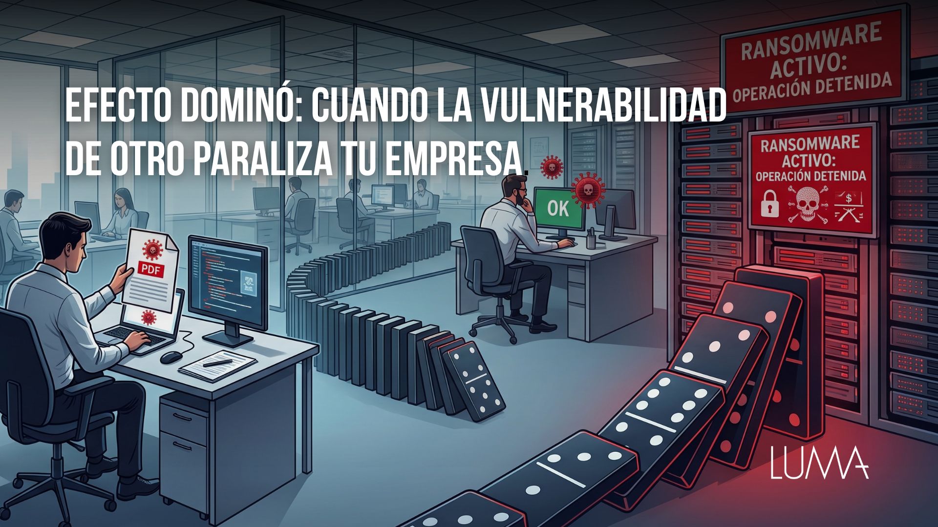 Fichas de dominó cayendo hacia un servidor, representando cómo un ataque en cadena vulnera la ciberseguridad de una empresa.